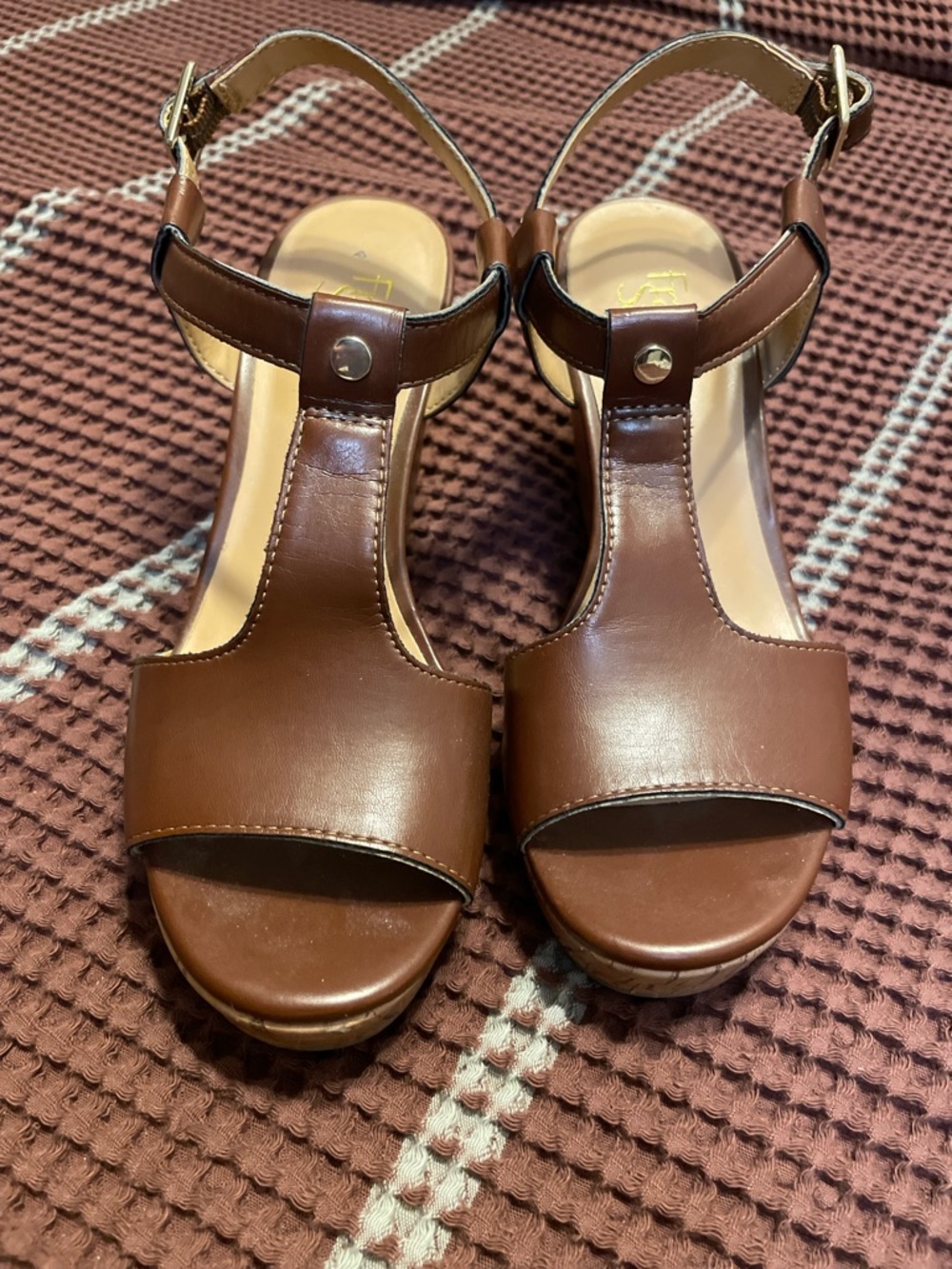 Franco Sarto Cognac Brown T-Strap Platform Sandals